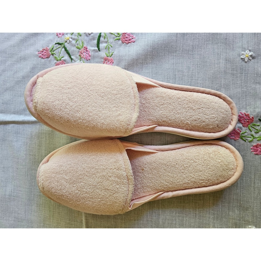 Vintage Dearfoams Pink Terry Cloth Slippers Women Medium 6.5-7.5 Open Toe Slides